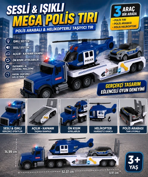 Sesli ve Işıklı Mega Polis Tırı Oyun Seti Polis Arabalı & Helikopterli Taşıyıcı Tır ürün görseli 1