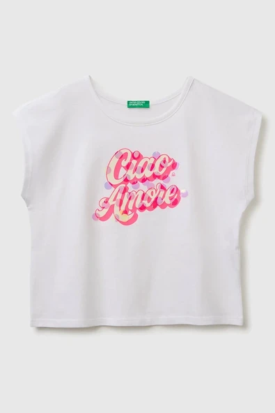 United Colors of Benetton Kız Çocuk Pul Baskı Detaylı Bisiklet Yaka T-Shirt Beyaz -Pembe 6-14 Yaş ürün görseli 1