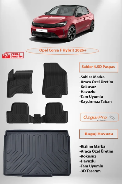 Sahler Opel Corsa Hybrit 2026 ve Sonrası 4.5D Paspas ve 3D Rizline Bagaj Havuzu Set ürün görseli 1