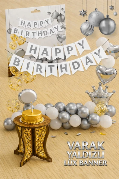 Gümüş Varak Yaldızlı Lüks Happy Birthday Banner - Beyaz ürün görseli 1