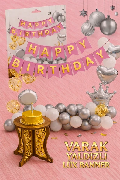 Altın Varak Yaldızlı Lüks Happy Birthday Banner - Pembe ürün görseli 1