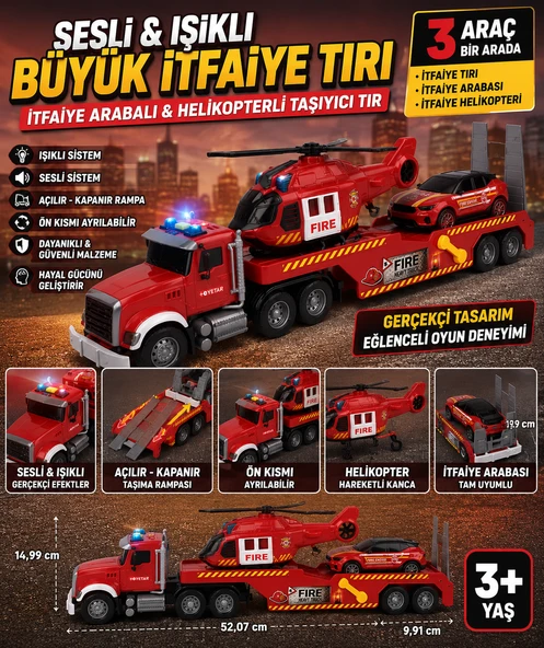 Sesli ve Işıklı Mega İtfaiye Tırı Oyun Seti Helikopterli & Arabalı Büyük Taşıyıcı Tır ürün görseli 1