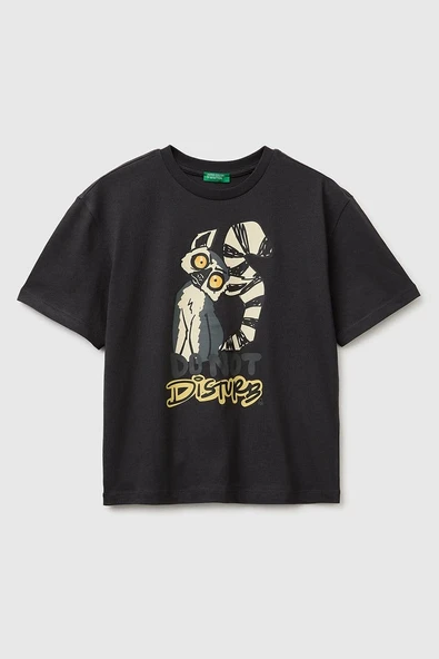 United Colors of Benetton Erkek Çocuk Ön Baskı Detaylı Bisiklet Yaka T-Shirt Antrasit Ekru 6-13 Yaş ürün görseli 1