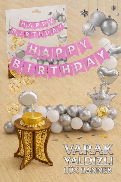 Gümüş Varak Yaldızlı Lüks Happy Birthday Banner - Pembe ürün görseli 1