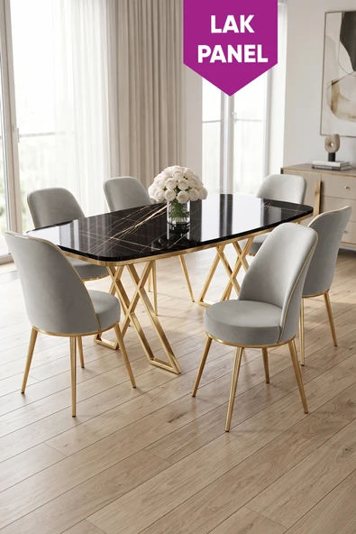 Peras Serisi 90x160 Lak Panel Siyah Mermer Desen Gold Ayaklı Masa Takımı 6 Sandalye ürün görseli 1