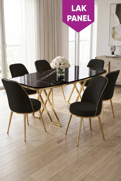 Peras Serisi 90x160 Lak Panel Siyah Mermer Desen Gold Ayaklı Masa Takımı 6 Sandalye ürün görseli 1