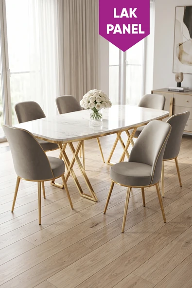 Peras Serisi 90x160 Lak Panel Beyaz Mermer Desen Gold Ayaklı Masa Takımı 6 Sandalye ürün görseli 1