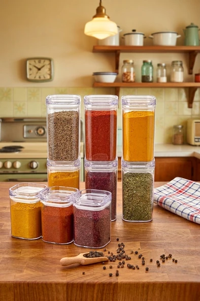 LUDIA 9'lu Vakum Kapaklı Kare Erzak Kabı Baharatlık Seti Düzenleyici (200ml,250ml,300ml) ürün görseli 1