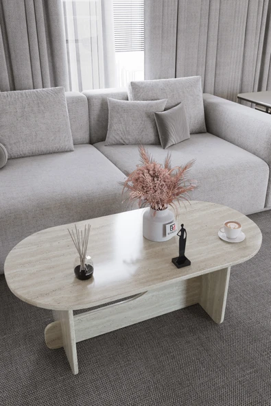 Baksan Liora Traverten Dokulu Oval Orta Sehpa – 104*54cm Minimal Modern Tasarım ürün görseli 1