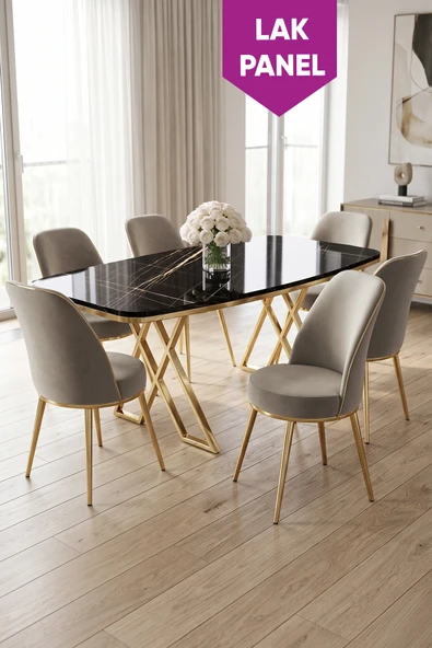 Peras Serisi 90x160 Lak Panel Siyah Mermer Desen Gold Ayaklı Masa Takımı 6 Sandalye ürün görseli 1