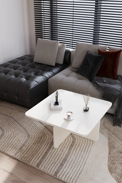 Baksan Mirael Bej Dokulu Kare Orta Sehpa – 73*73cm Minimal Modern Tasarım ürün görseli 1