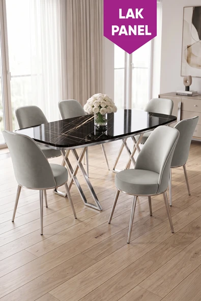 Peras Serisi 90x160 Lak Panel Siyah Mermer Desen Krom Ayaklı Masa Takımı 6 Sandalye ürün görseli 1