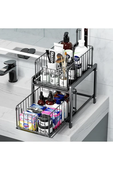 Mismuka Çok Amaçlı 2 Raflı Raylı Sepet Düzenleyici Banyo Mutfak Lavabo Altı Dolap İçi Tezgah Üstü Organizer ürün görseli 1
