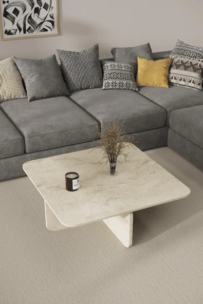 Baksan Mirael Traverten Dokulu Kare Orta Sehpa – 73*73cm Minimal Modern Tasarım ürün görseli 1