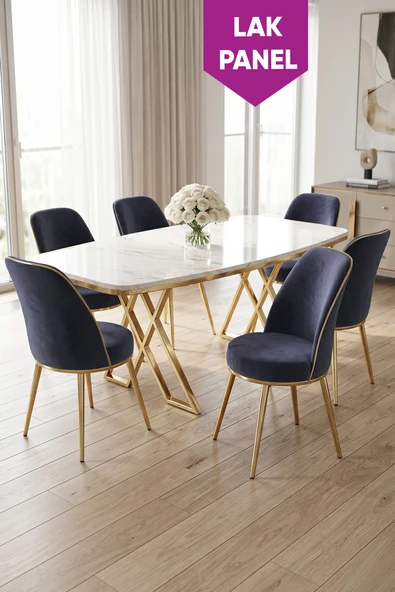 Peras Serisi 90x160 Lak Panel Beyaz Mermer Desen Gold Ayaklı Masa Takımı 6 Sandalye ürün görseli 1