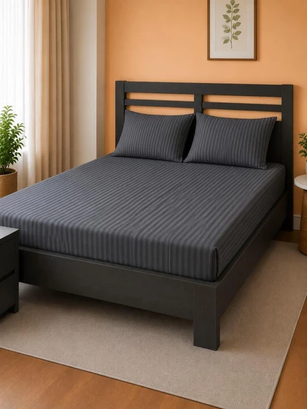 Bella Çizgili Saten Çift Kişilik 160x200 cm Lastikli Çarşaf Takımı Gri ürün görseli 1