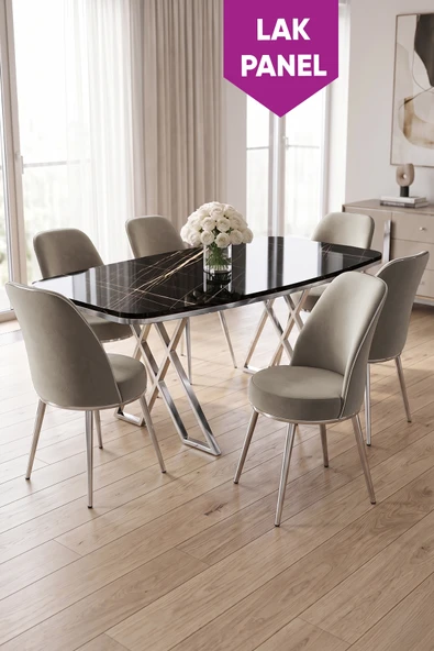 Peras Serisi 90x160 Lak Panel Siyah Mermer Desen Krom Ayaklı Masa Takımı 6 Sandalye ürün görseli 1