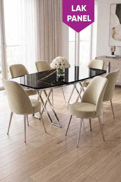 Peras Serisi 90x160 Lak Panel Siyah Mermer Desen Krom Ayaklı Masa Takımı 6 Sandalye ürün görseli 1
