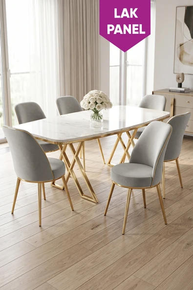 Peras Serisi 90x160 Lak Panel Beyaz Mermer Desen Gold Ayaklı Masa Takımı 6 Sandalye ürün görseli 1