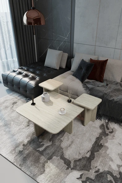 Baksan Mireal Sehpa ve Kare Orta Sehpa –Çoklu Orta Sehpa- 75*75 cm Traverten Dokulu Minimal Modern Tasarım ürün görseli 1