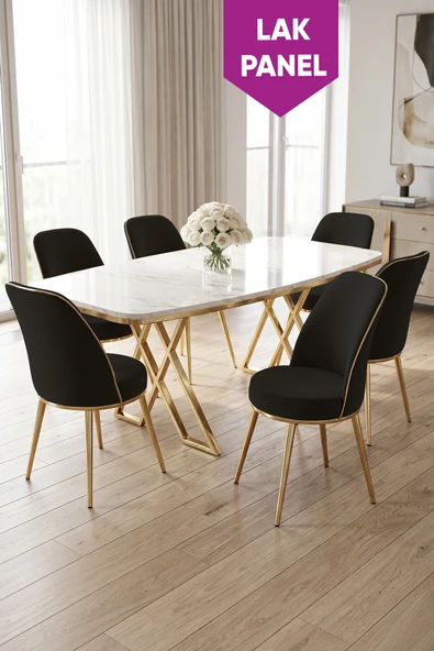Peras Serisi 90x160 Lak Panel Beyaz Mermer Desen Gold Ayaklı Masa Takımı 6 Sandalye ürün görseli 1