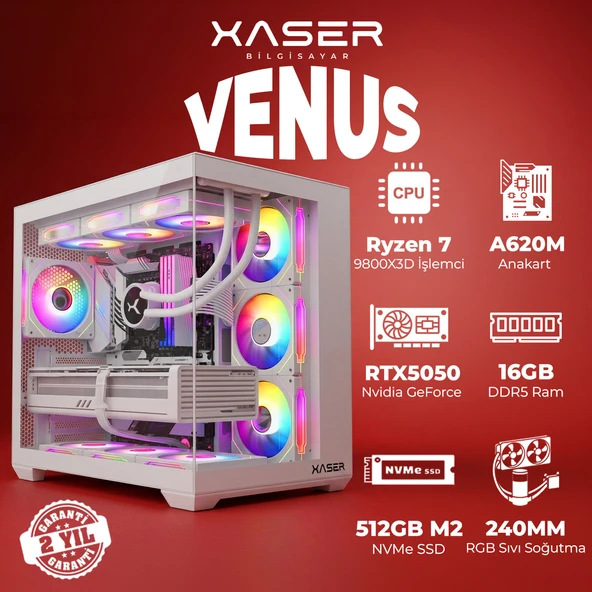 Xaser Venus X40 Ryzen 7 9800X3D 16GB DDR5 Ram 512GB M.2 NVMe SSD 8GB RTX5050 Sıvı Soğutmalı Oyuncu Bilgisayar ürün görseli 1