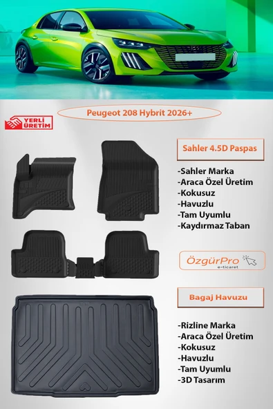 Sahler Peugeot 208 Hybrit 2026 ve Sonrası 4.5 D Paspas ve 3D Rizline Bagaj Havuzu ürün görseli 1