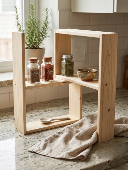 Nest Wood Doğal HAM Ahşap 2PARÇA  MODÜLER Baharatlık Rafı  Mutfak Tezgah Üstü Düzenleyici Baharat Standı 45X65cm ürün görseli 1