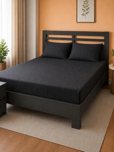 Bella Çizgili Saten Çift Kişilik 160x200 cm Lastikli Çarşaf Takımı Siyah ürün görseli 1