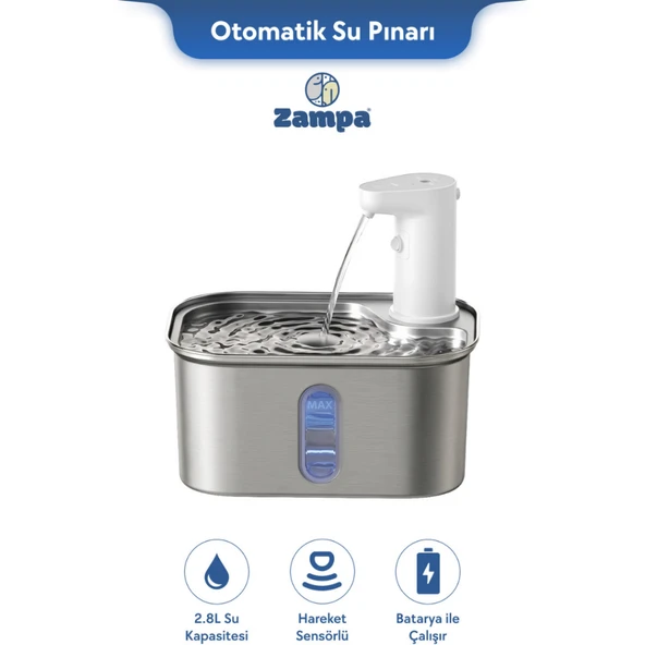 Zampa Zampa Kedi ve Köpekler İçin Kare Sensörlü Bataryalı Çelik Otomatik Su Pınarı 2.8 Litre ürün görseli 1