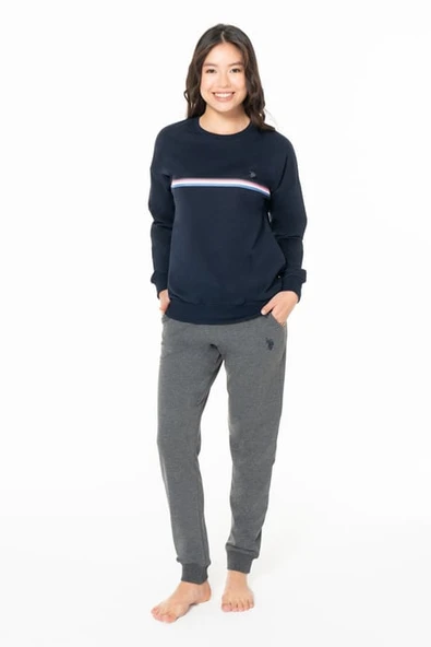 Kadın Bisiklet Yaka Uzun Kollu Pijama Takımı S26121 BANTLI PAÇA RAHAT KUMAŞ ürün görseli 1
