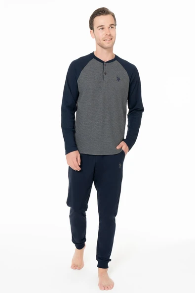 U.s Polo Assn. Erkek Büyük Beden Uzun Kollu Yakası Üç Düğmeli Paçası Bantlı Pijama Takımı S26960 ürün görseli 1