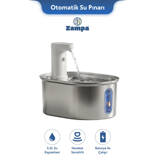 Zampa Zampa Kedi ve Köpekler İçin Oval Sensörlü Bataryalı Çelik Otomatik Su Pınarı 3.2 Litre ürün görseli 1