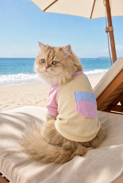 Soft Sun Kedi Tişörtü | Cepli Şeker Renkli Yazlık Kedi Kıyafeti ürün görseli 1