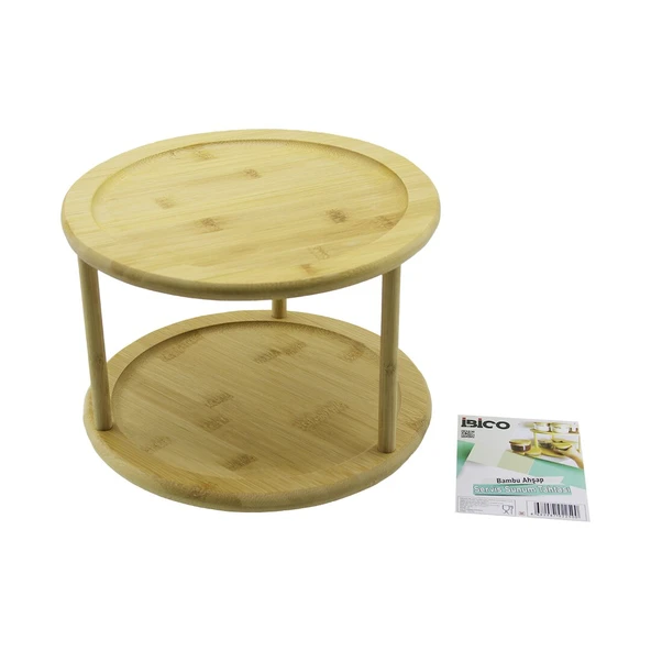 2 KATLI YUVARLAK=24.5CM DÖNER TABLALI AHŞAP BAMBU SUNUM TEPSİSİ - MİNİ SOFRA (5224) ürün görseli 1
