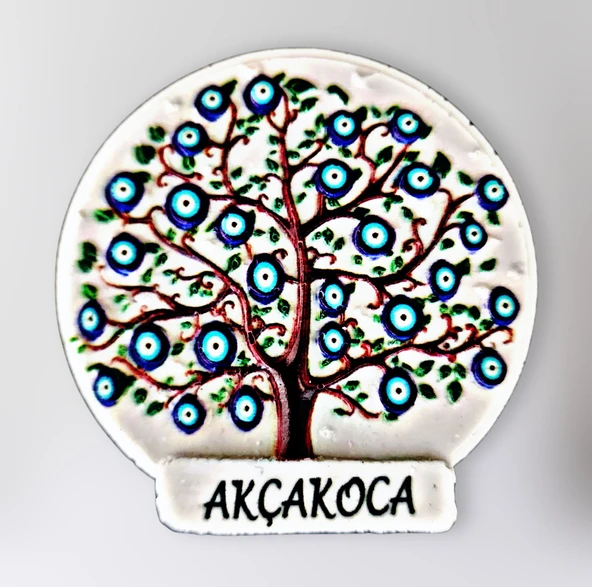 AKÇAKOCA Temalı Polyester Kabartmalı Nazar Ağacı Magnet çap: 6 cm – Dekoratif Hediyelik Buzdolabı Süsü  (kod:1128) ürün görseli 1