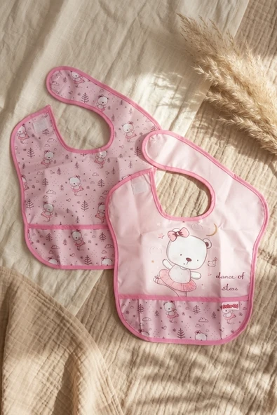 Bella Bear 2 li Sıvı Geçirmez Cepli Mama Önlüğü - Pembe Balerin Ayıcık Desenli Leke Tutmaz Bebek Önlüğü 0-12 Ay ürün görseli 1