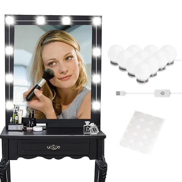 Nostalji Hollywood Tarzı 10'lu Makyaj Masası Aynası Beyaz Led Işıklı Lamba USB (5224) ürün görseli 1