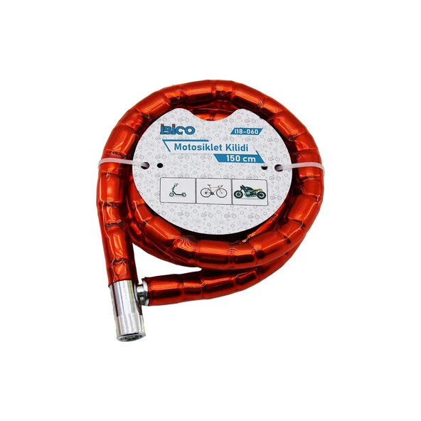 TÜP ANAHTARLI METAL KAFA ÇELİK MOTOR - BİSİKLET KİLİT SİLİNDİRİK SPİRAL KİLİT KIRMIZI KILIF22MM X 150CM (5224) ürün görseli 1