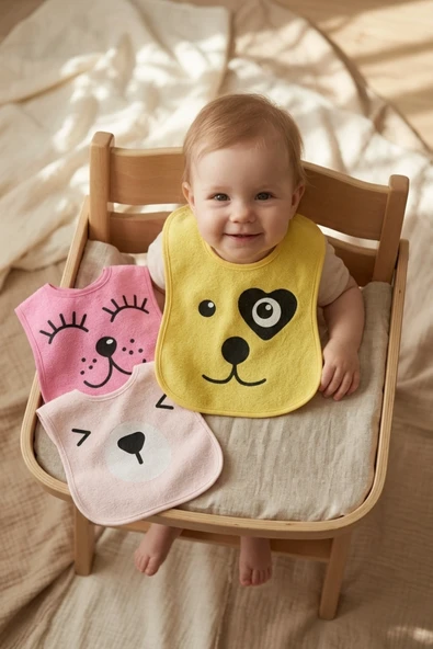 Lumi 3 lü Paket Hayvan Figürlü Yumuşak Dokulu Bebek Mama Önlüğü Seti - %100 Pamuklu ve Sıvı Emici 0-12 Ay ürün görseli 1