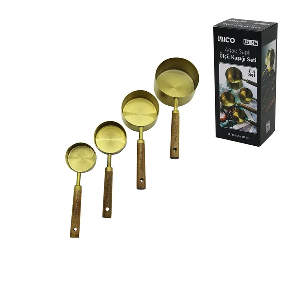 4 PCS GOLD METAL ÖLÇÜ KAŞIK SETİ OTANTİK AĞAÇ KULP 250ML - 125ML - 80ML - 60ML (5224) ürün görseli 1