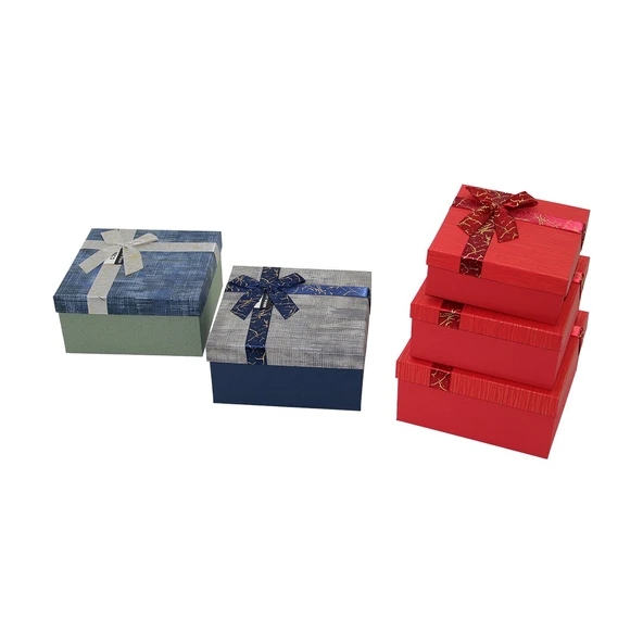 3PCS KARE ÇİZGİLİ MİX RENKLİ KARTON HEDİYE KUTUSU KURDELALI 19-17-15CM (5224) ürün görseli 1