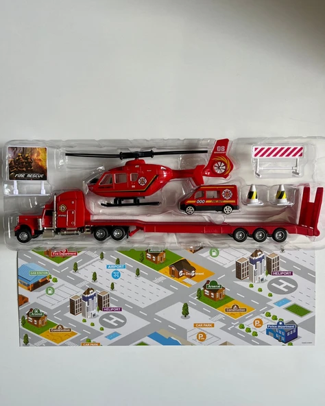Oyuncak Helikopter Tır ve Araba Seti Kırmızı | 33 Cm Tır | 20 Cm Helikopter | 8 Cm Araba ve Aksesuarlar ürün görseli 1