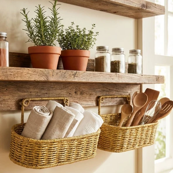 2’li Duvar Askılı Plastik Rattan Organizer – Oval Hasır Görünümlü Mutfak Raf Sepeti, Banyo ve Ev İçi Düzenleme Ünitesi (5224) ürün görseli 1