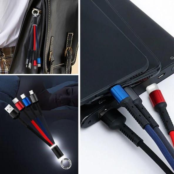 Işıklı Anahtarlık Model 3 in 1 USB Çıkışlı MİKRO,TYPE-C ve İphone Uyumlu Şarj Kablosu (5224) ürün görseli 1