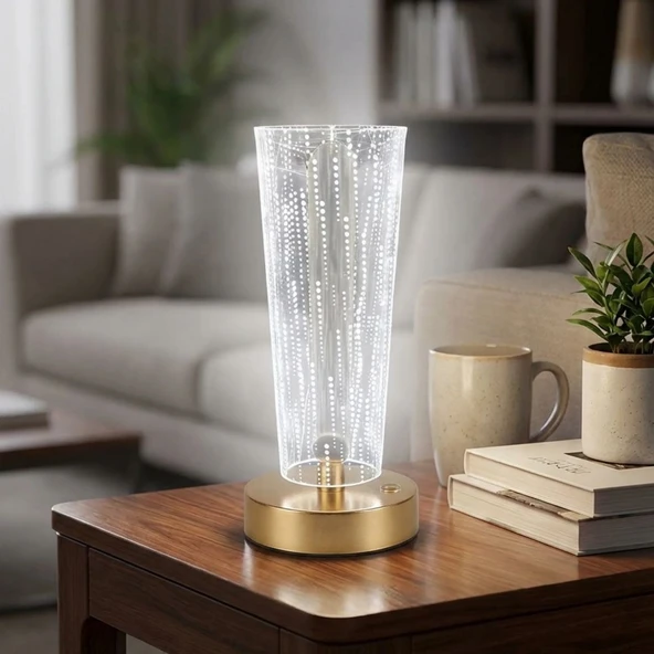 Silindirik Kristal Nokta Model LED Masa Lambası – Gold Tabanlı, Dokunmatik, 3 Renk Işık Modlu, Şarjlı Modern Dekoratif Gece Lambası (5224) ürün görseli 1