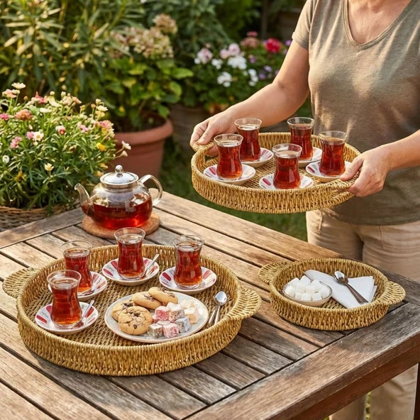 İç İçe Geçebilen 3’lü Yuvarlak Plastik Rattan Tepsi Seti–Hasır Görünümlü Çok Amaçlı Servis ve Sunum Tepsileri (5224) ürün görseli 1