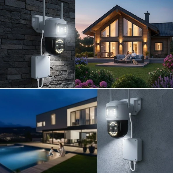 3 Kameralı Kablolu Akıllı Güvenlik Kamerası – 360° PTZ Hareketli, Çift Antenli, WiFi IP, Gece Görüşlü Dış Mekan Kamera (5224) ürün görseli 1