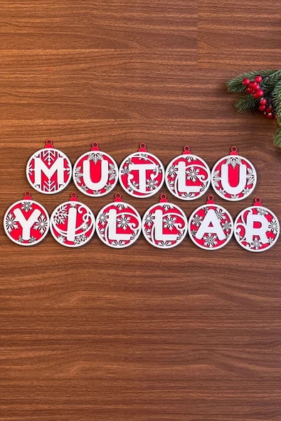 11 Harfli Kırmızı Beyaz İpli MUTLU YILLAR Yazılı Ahşap Yılbaşı Ağaç Süsü (5224) ürün görseli 1