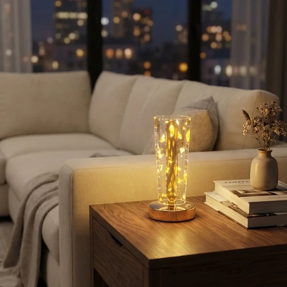Silindirik Kristal Altın Toz Model LED Masa Lambası – Gold Tabanlı, Dokunmatik, 3 Renk Işık Modlu, Şarjlı Modern Dekoratif Gece Lambası (5224) ürün görseli 1